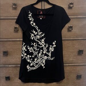 Johnny Was Black Top with White Floral Embroidery